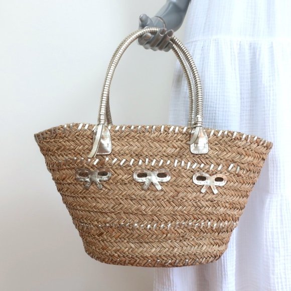Anya Hindmarch Handbags - ANYA HINDMARCH BEACH LARGE BASKET TOTE GOLD LEATHER-TRIM RAFFIA SHOULDER BAG